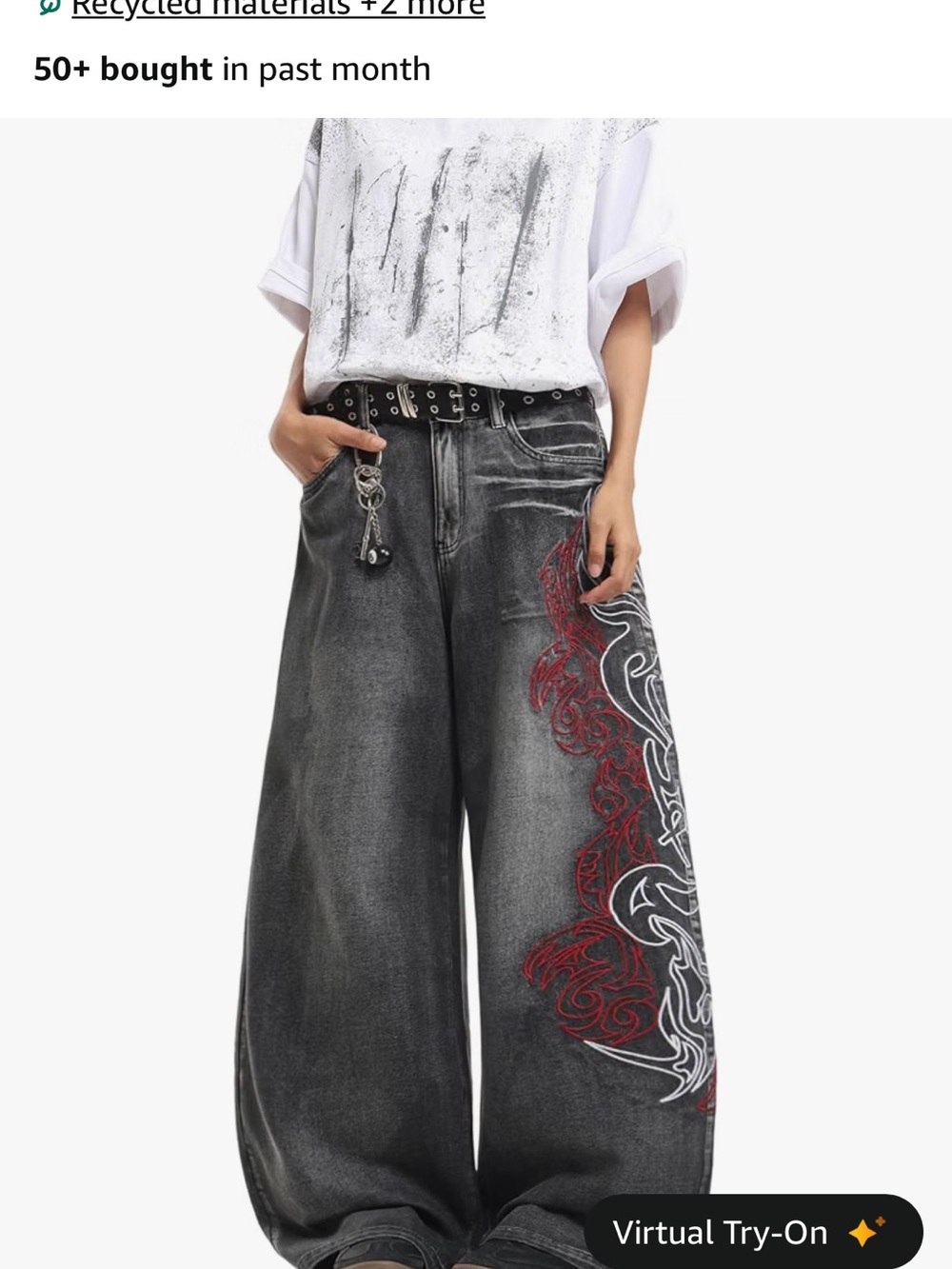 Wide Leg Black Washed Jeans with Red Graphic -